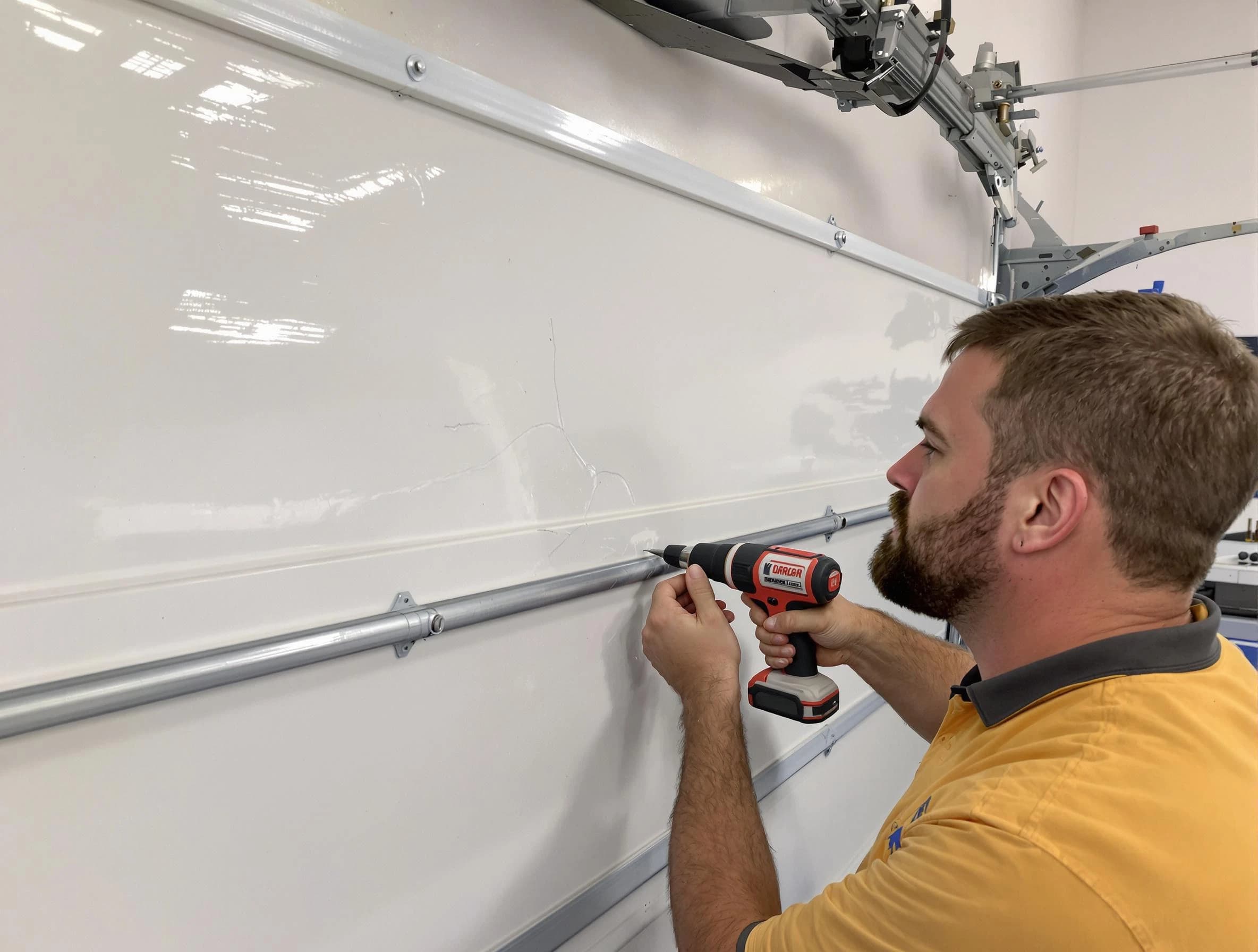 Peoria Garage Door Repair expert performing dent repair on garage door in Peoria