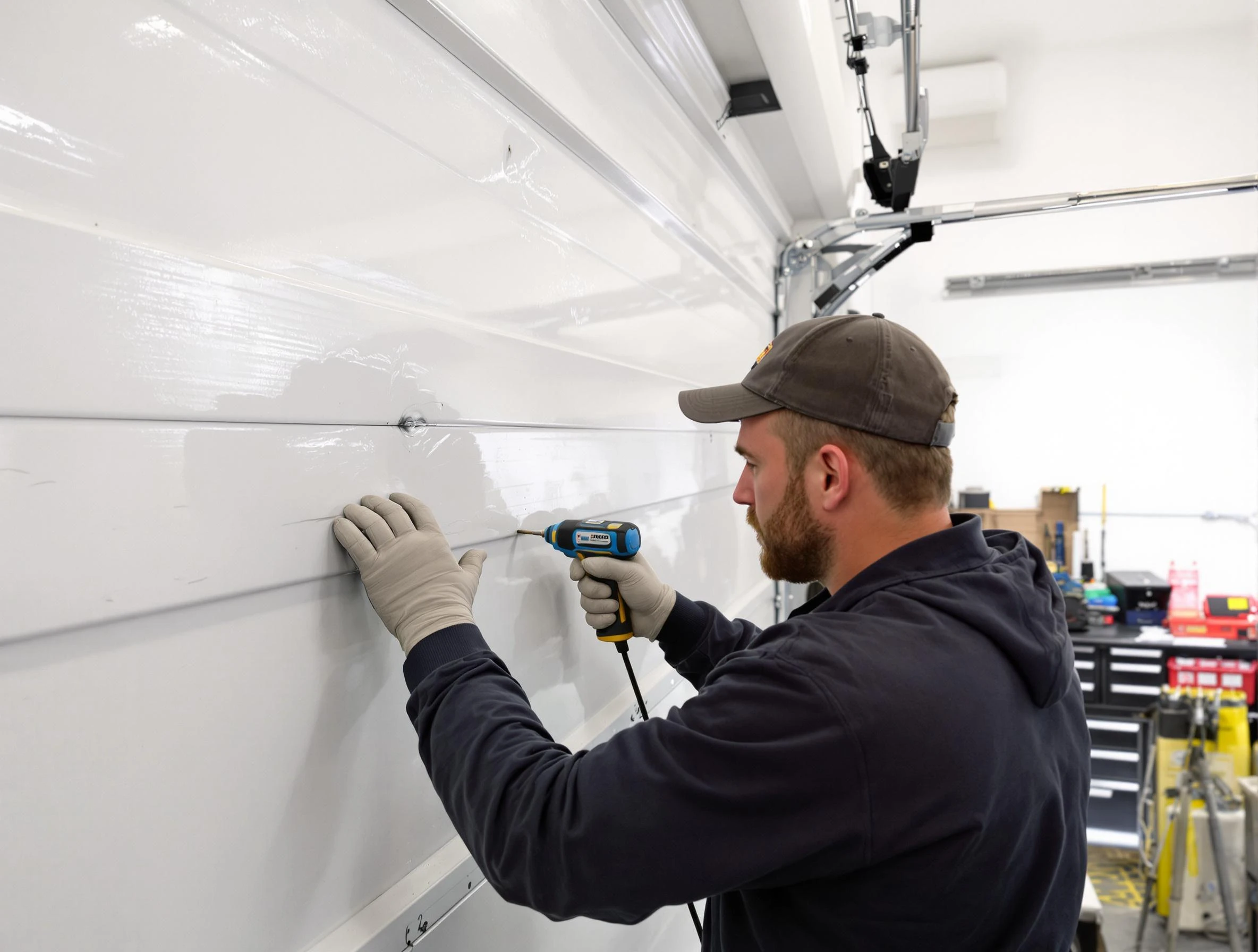 Peoria Garage Door Repair technician demonstrating precision dent removal techniques on a Peoria garage door